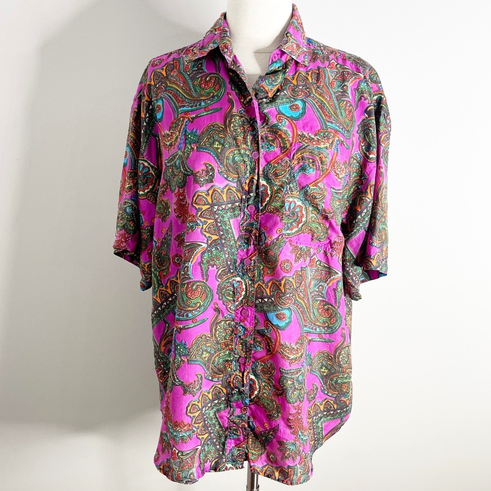 Details Express Vintage 100% Silk Paisley Button Down Shirt Fuchsia Pink Medium